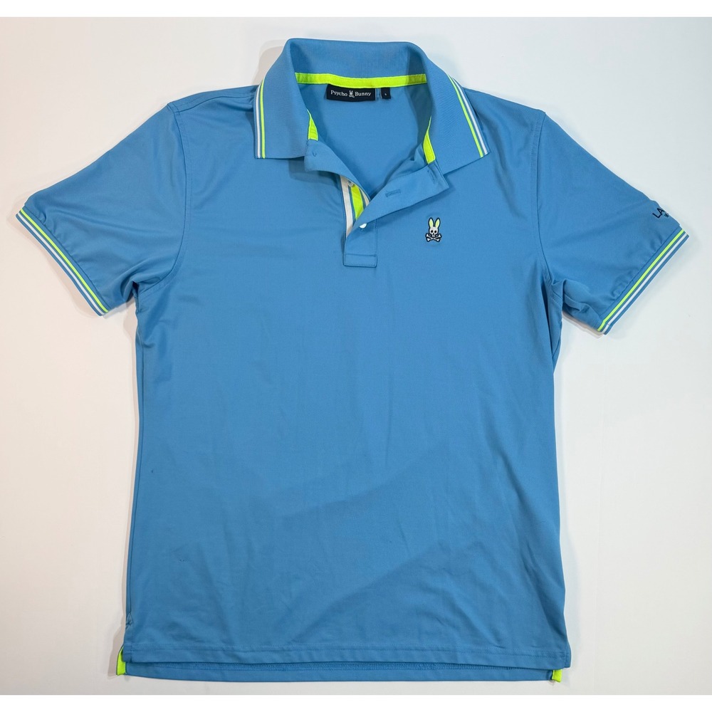 Psycho Bunny Mens Blue Performance Polo Shirt Size 5 Large Neon Trim Logo Snags